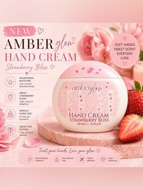 NEW Amber Glow Hand Cream Strawberry Bliss 1.35 oz Travel Size